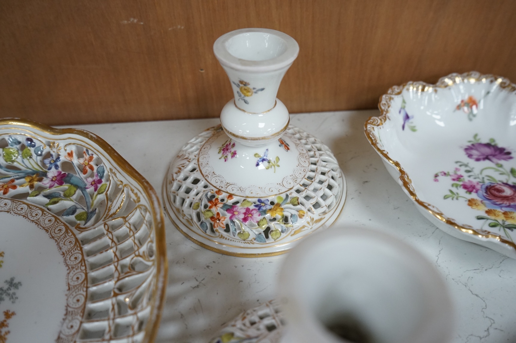 A Dresden porcelain part tea set together with reticulated side plates, largest 26cm in diameter